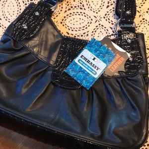 Black leather handbag